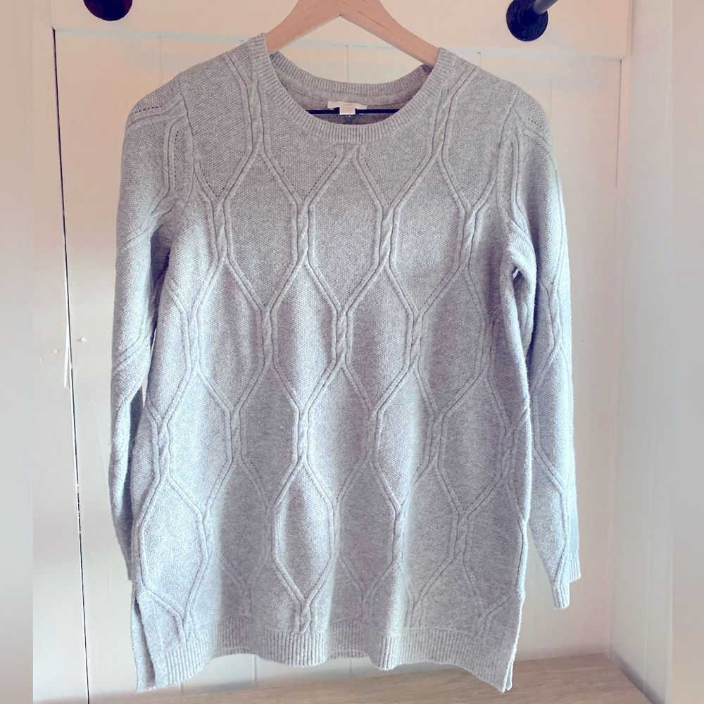 J. JILL CABLED CREW-NECK SWEATER TUNIC - SIZE SMALL PETITE - GREY HEATHER